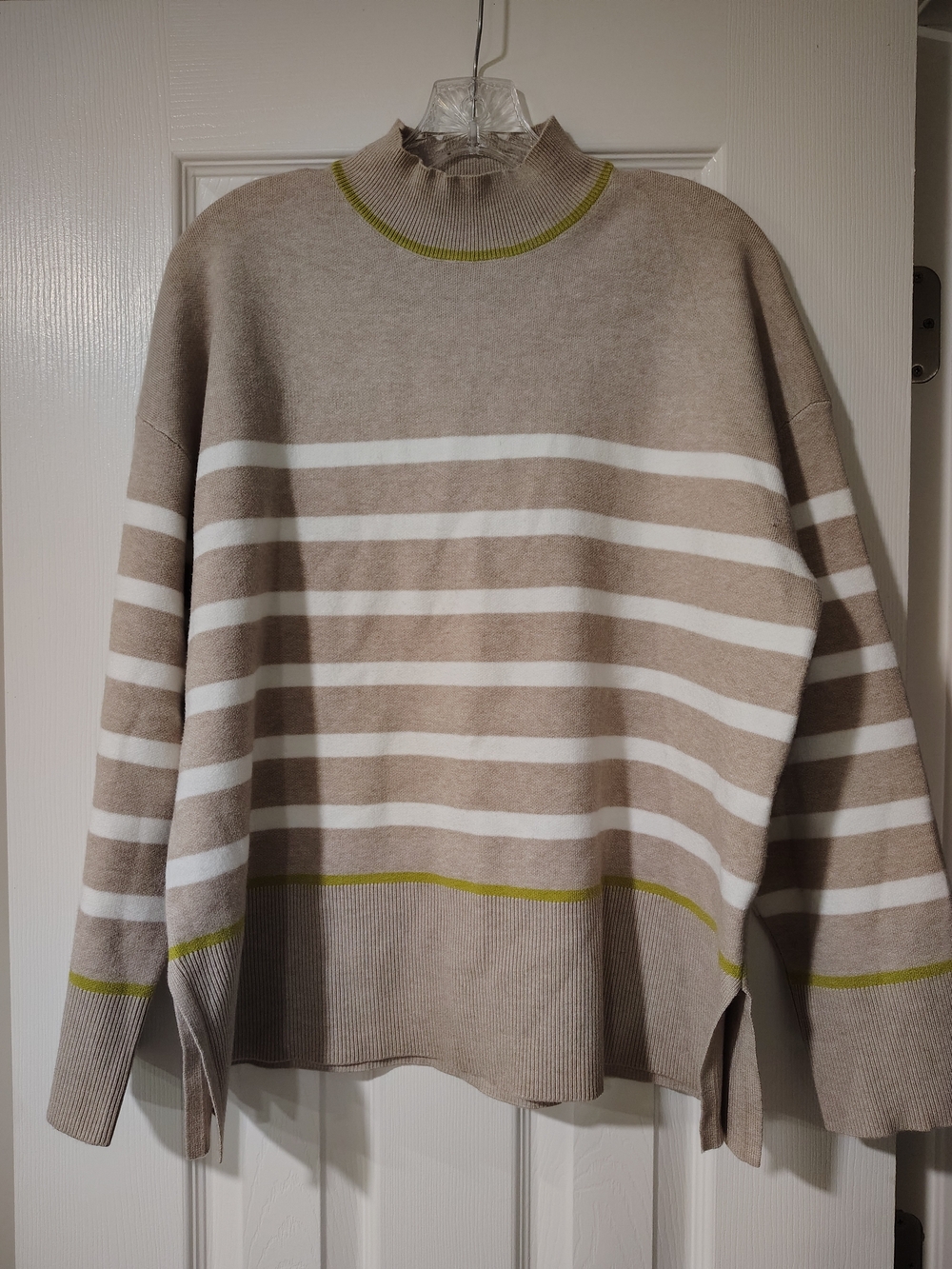 Tahari Beige and White Striped Turtleneck Sweater with Lime Trim